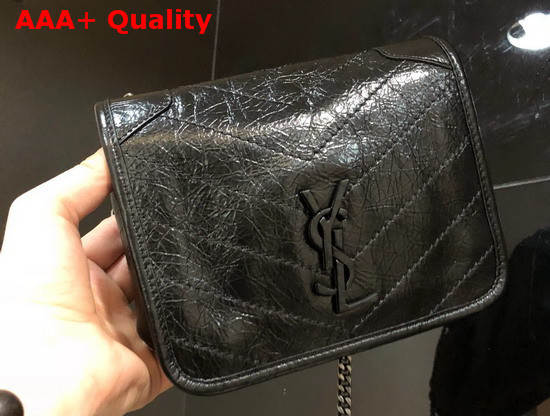Saint Laurent Niki Chain Wallet in Black Crinkled Vintage Leather Replica