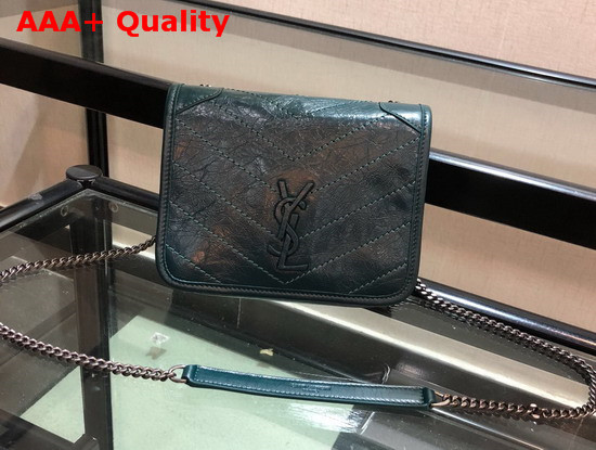 Saint Laurent Niki Chain Wallet in Deep Green Crinkled Vintage Leather Replica