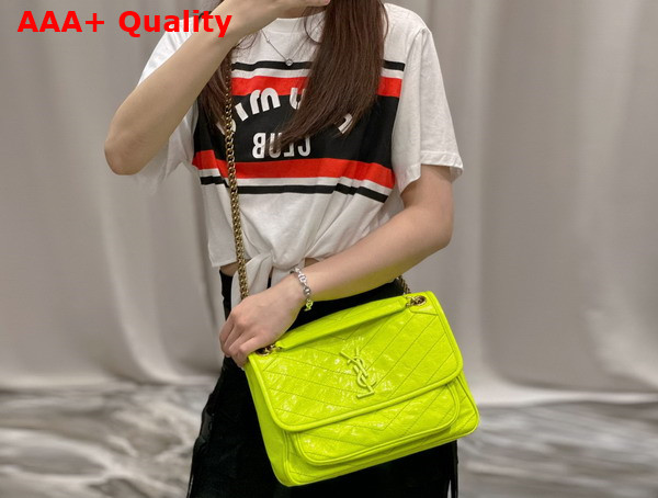 Saint Laurent Niki Medium Chain Bag in Neon Yellow Crinkled Lambskin Replica