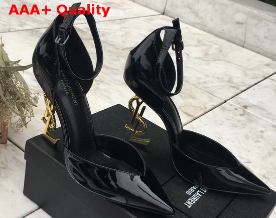 Saint Laurent Opyum Dorsay Pumps in Black Patent Leather with Bronze Snake Heel Replica