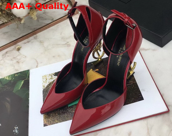 Saint Laurent Opyum Dorsay Pumps in Dark Red Patent Leather with Bronze Snake Heel Replica