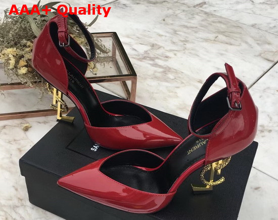 Saint Laurent Opyum Dorsay Pumps in Dark Red Patent Leather with Bronze Snake Heel Replica