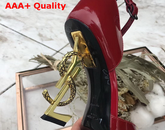 Saint Laurent Opyum Dorsay Pumps in Dark Red Patent Leather with Bronze Snake Heel Replica