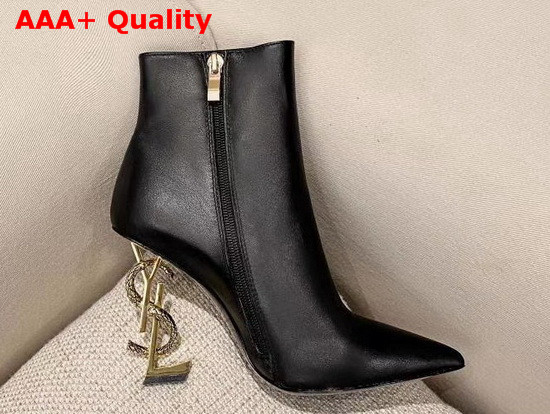 Saint Laurent Opyum Leather Ankle Boots with Bronze Snake Heel Black Calfskin Leather Replica