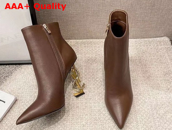 Saint Laurent Opyum Leather Ankle Boots with Bronze Snake Heel Brown Calfskin Leather Replica