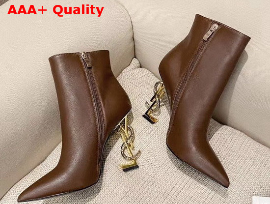 Saint Laurent Opyum Leather Ankle Boots with Bronze Snake Heel Brown Calfskin Leather Replica