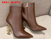 Saint Laurent Opyum Leather Ankle Boots with Bronze Snake Heel Brown Calfskin Leather Replica