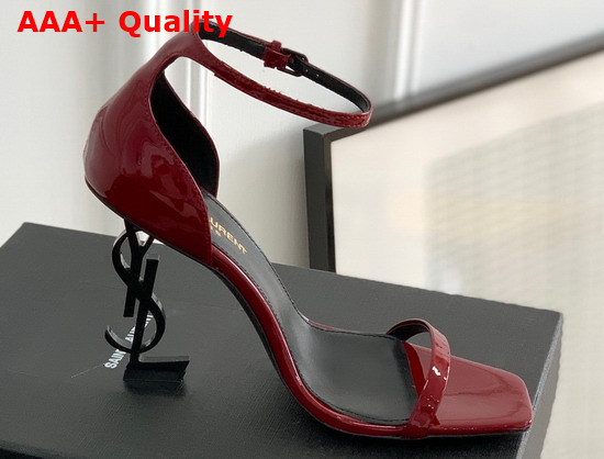 Saint Laurent Opyum Sandals in Patent Leather with Gold Tone Heel Burgundy Replica