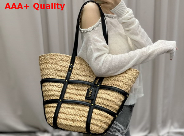 Saint Laurent Panier Medium Bag in Natural Raffia and Smooth Leather Naturel Replica