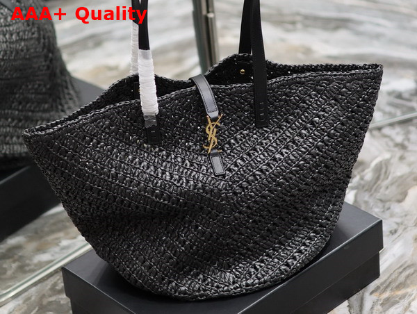 Saint Laurent Panier Medium in Raffia and Vegetable Tanned Leather Black Replica