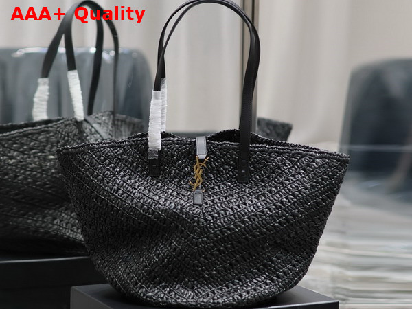 Saint Laurent Panier Medium in Raffia and Vegetable Tanned Leather Black Replica