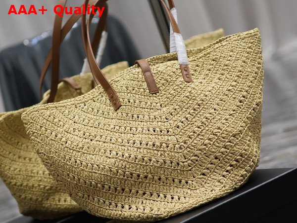 Saint Laurent Panier Medium in Raffia and Vegetable Tanned Leather Natural and Brick Replica