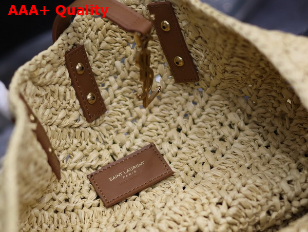 Saint Laurent Panier Medium in Raffia and Vegetable Tanned Leather Natural and Brick Replica