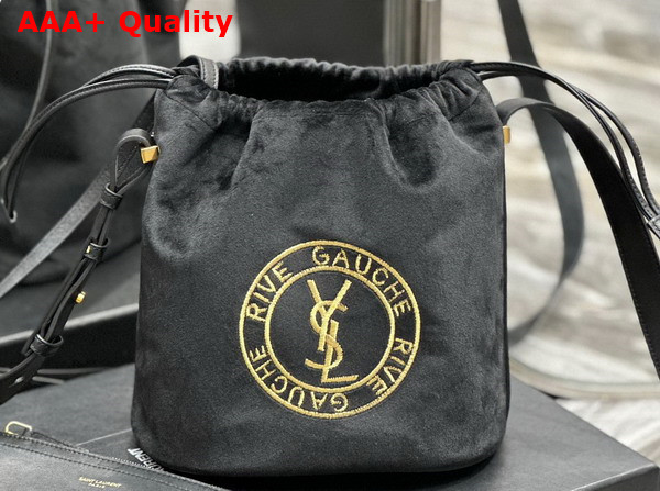 Saint Laurent Rive Gauche Laced Bucket Bag in Embroidered Felt and Smooth Leather Black and Gold Replica