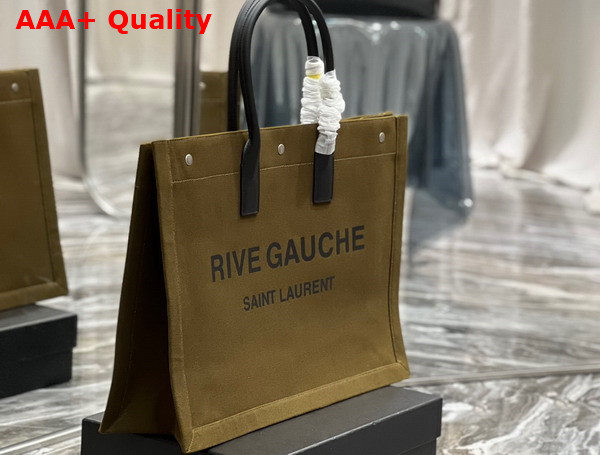 Saint Laurent Rive Gauche Large Tote Bag in Dark Kaki Printed Canvas and Leather Replica