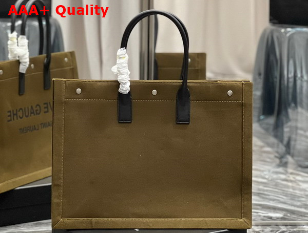 Saint Laurent Rive Gauche Large Tote Bag in Dark Kaki Printed Canvas and Leather Replica