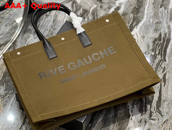 Saint Laurent Rive Gauche Large Tote Bag in Dark Kaki Printed Canvas and Leather Replica