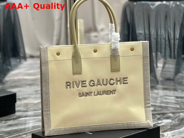 Saint Laurent Rive Gauche Small Tote Bag in Linen and Leather Beige Sea Salt Replica