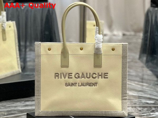 Saint Laurent Rive Gauche Small Tote Bag in Linen and Leather Beige Sea Salt Replica