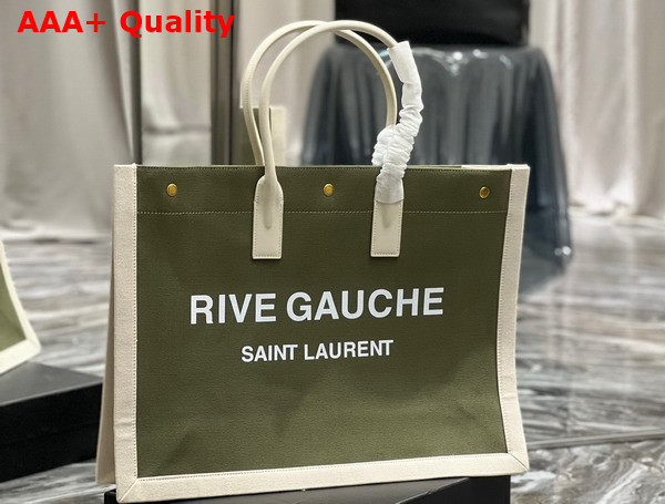 Saint Laurent Rive Gauche Tote Bag in Linen and Leather Military Green and Blanc Vintage Replica