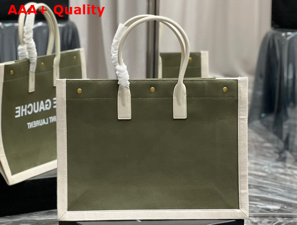 Saint Laurent Rive Gauche Tote Bag in Linen and Leather Military Green and Blanc Vintage Replica