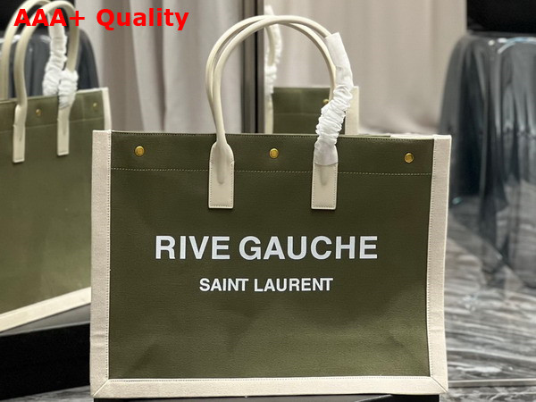 Saint Laurent Rive Gauche Tote Bag in Linen and Leather Military Green and Blanc Vintage Replica