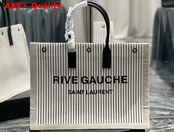 Saint Laurent Rive Gauche Tote Bag in Linen and Smooth Leather Cream Et Noir Replica