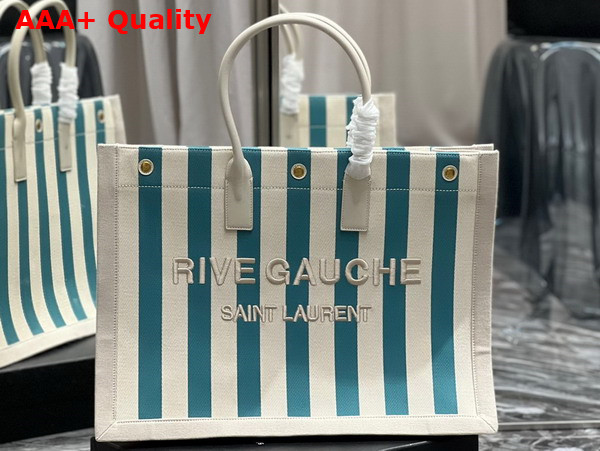 Saint Laurent Rive Gauche Tote Bag in Striped Canvas and Smooth Leather Water Green Replica