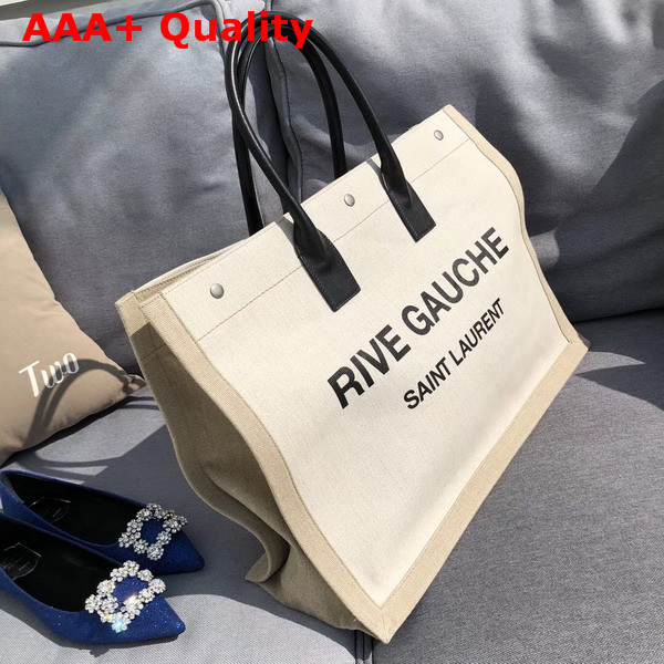 Saint Laurent Rive Gauche Tote Bag in White Linen and Black Leather Replica