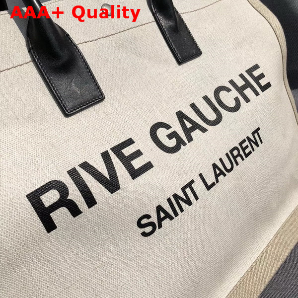 Saint Laurent Rive Gauche Tote Bag in White Linen and Black Leather Replica