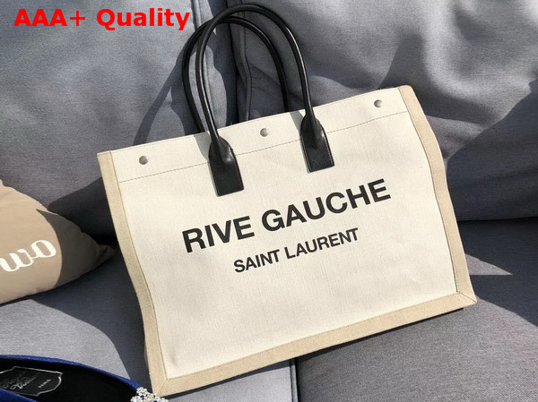 Saint Laurent Rive Gauche Tote Bag in White Linen and Black Leather Replica