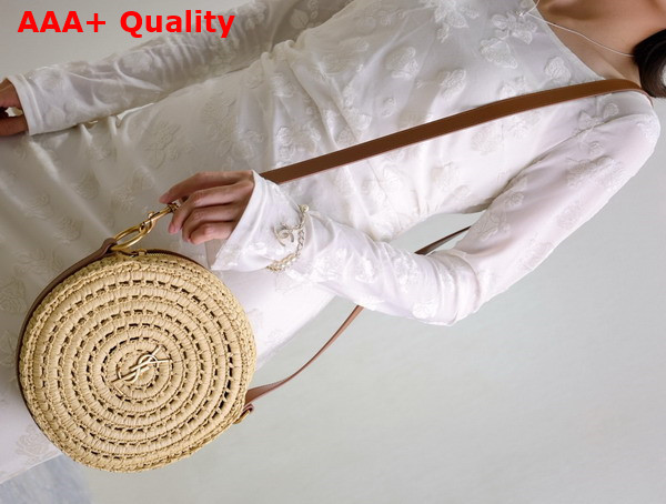 Saint Laurent Round Bag in Raffia and Vegetable Tanned Leather Naturel Replica