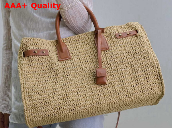 Saint Laurent Sac De Jour Supple in Raffia and Leather Medium Naturel and Brick Replica