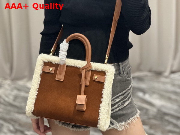 Saint Laurent Sac de Jour Baby in Suede and Shearling Dark Cigar and Natural Beige Replica