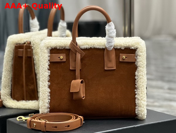 Saint Laurent Sac de Jour Baby in Suede and Shearling Dark Cigar and Natural Beige Replica