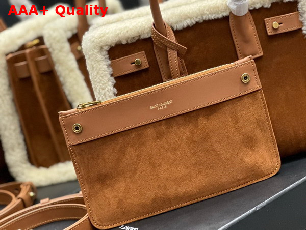 Saint Laurent Sac de Jour Baby in Suede and Shearling Dark Cigar and Natural Beige Replica