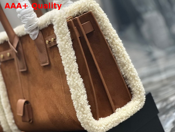 Saint Laurent Sac de Jour Supple Medium in Suede and Shearling Dark Cigar and Natural Beige Replica