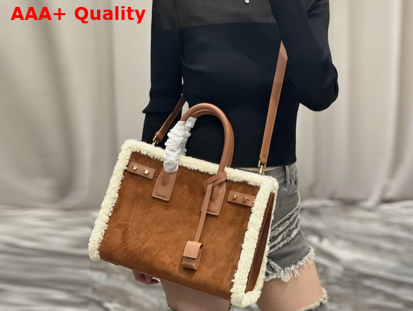 Saint Laurent Sac de Jour Supple Medium in Suede and Shearling Dark Cigar and Natural Beige Replica
