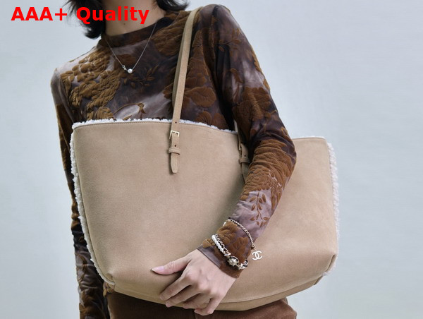 Saint Laurent Shopping Tote in Beige Suede and Shearling Replica