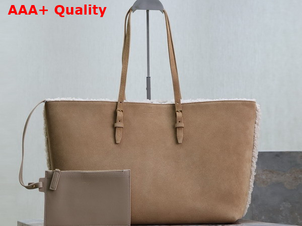 Saint Laurent Shopping Tote in Beige Suede and Shearling Replica