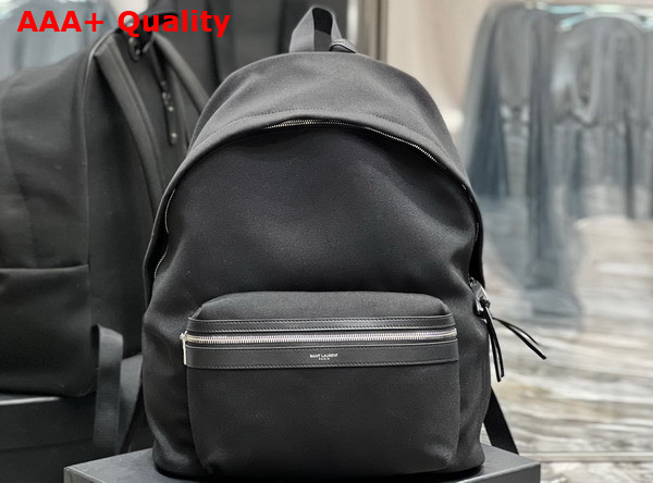 Saint Laurent Small City Backpack in Black Nylon Canvas and Leather Replica