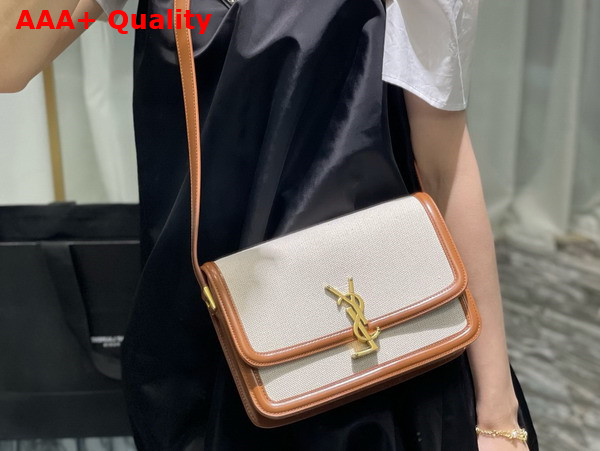 Saint Laurent Solferino Medium Satchel in Canvas and Smooth Leather Natural and Tan Replica