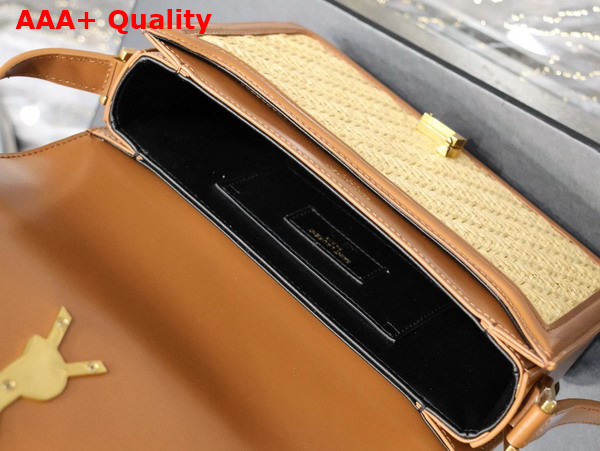 Saint Laurent Solferino Medium Satchel in Raffia and Vegetable Tanned Leather Natural Sand and Brick Replica