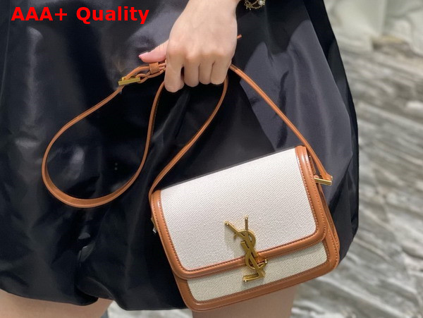 Saint Laurent Solferino Small Satchel in Canvas and Smooth Leather Natural and Tan Replica
