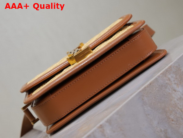 Saint Laurent Solferino Small Satchel in Raffia and Calfskin Naturel and Brick Replica