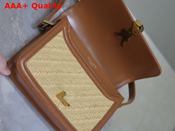 Saint Laurent Solferino Small Satchel in Raffia and Calfskin Naturel and Brick Replica