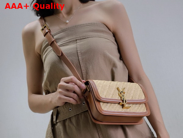 Saint Laurent Solferino Small Satchel in Raffia and Calfskin Naturel and Brick Replica
