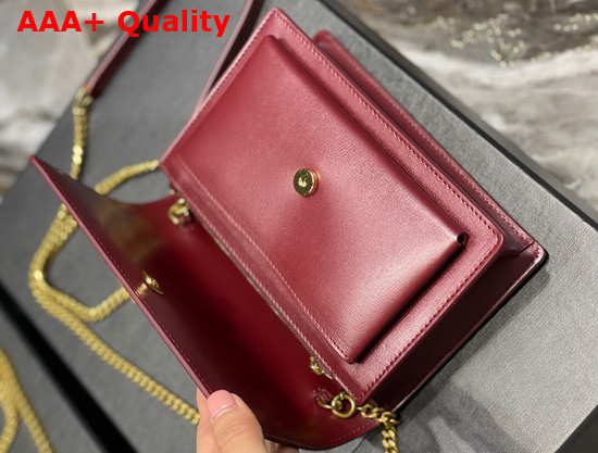 Saint Laurent Sunset Chain Wallet in Dark Red Smooth Leather Replica