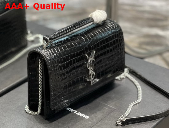 Saint Laurent Sunset Chain Wallet in Shiny Crocodile Embossed Leather Black Replica