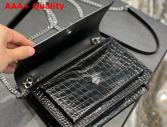 Saint Laurent Sunset Chain Wallet in Shiny Crocodile Embossed Leather Black Replica